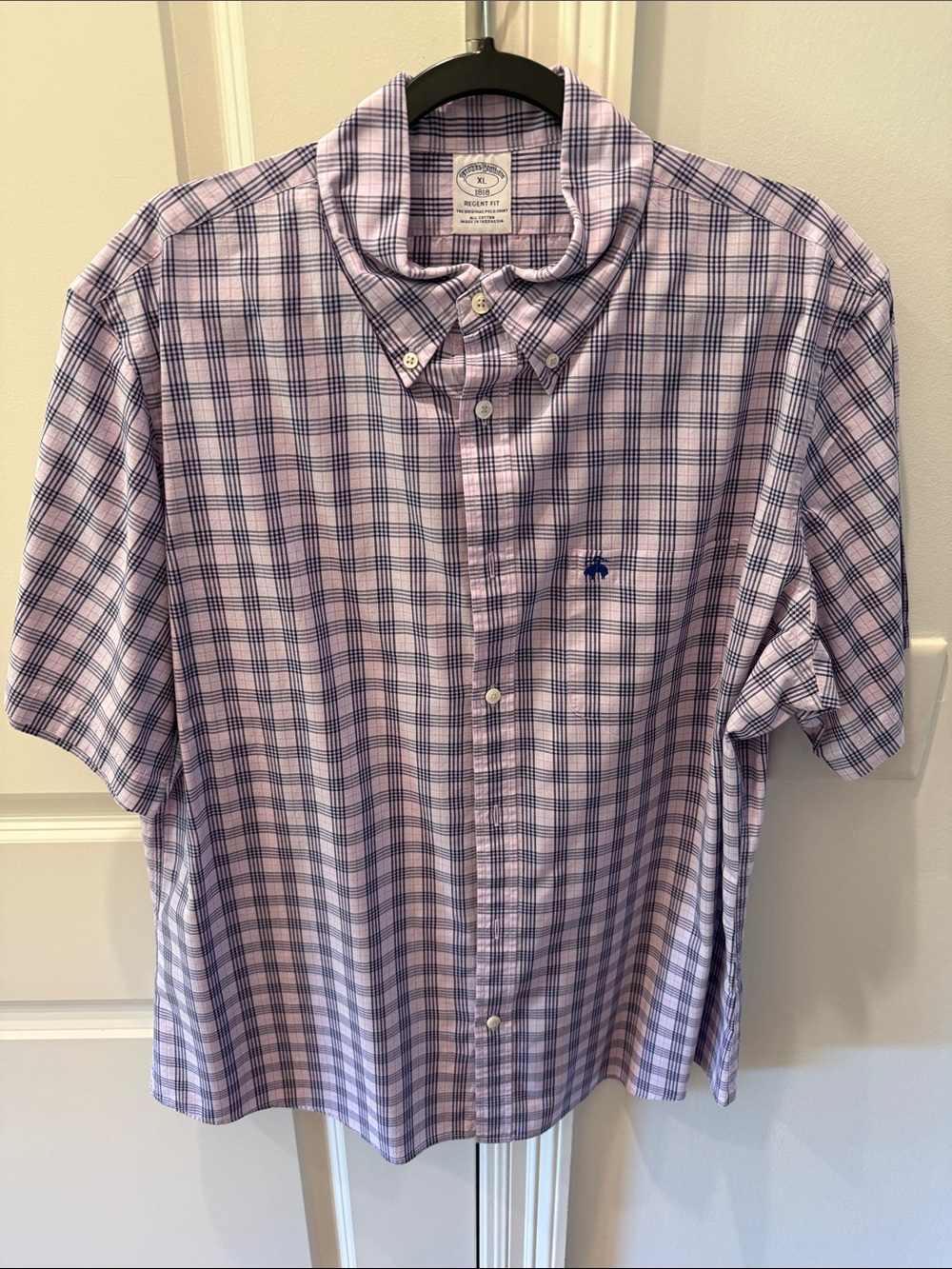 Brooks Brothers Lavender and Navy Plaid Short-Sleeve Button-Down Shirt